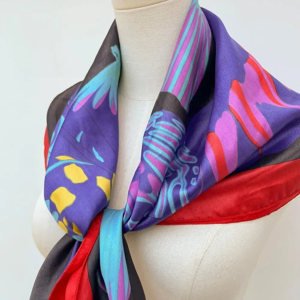 Vintage 70s 80s Satin Square Scarf Butterfly Psychedelic Colorful Dopamine